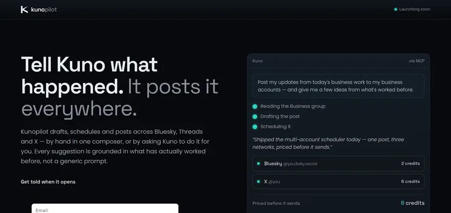 Screenshot of the Kunopilot landing page